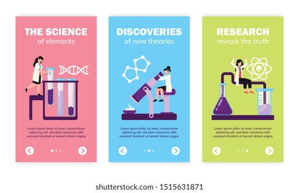 El laboratorio de investigación científica prueba los símbolos de la estructura de la molécula del ADN del átomo 3 Anuncios de Vertical plana establecen la Ilustración vectorial 