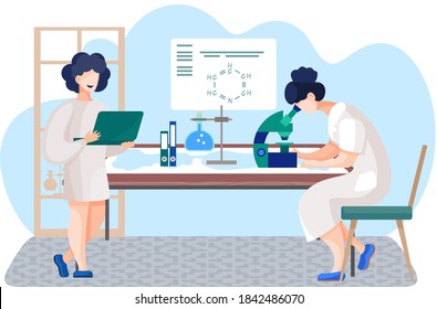 Scientific research in the laboratory. Scientists are conducting an experiments. Laboratory with formulas on background. A woman is looking through a microscope lens. Girl is working on laptop