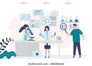 Scientific research laboratory. Scientists and pharmacists are developing new drugs and vaccines. Workplace with equipment, chemical formulas and signs. Teamwork concept. Flat vector illustration