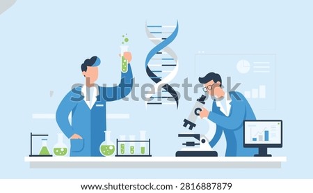 Scientific research laboratory with two male scientists examining samples under a microscope and looking at a chemical flask.