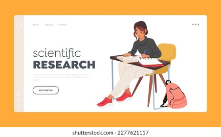 Scientific Research Landing Page Template. Character. Student Girl Seated At Desk with Papers, Diligently Read Book or Academic Educational Materials in University. Cartoon People Vector Illustration