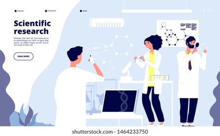 Scientific research landing. Scientists in pharmaceutical drug laboratory, researchers in lab with nano elements. Medical vector page. Illustration of research scientist, science lab experiment