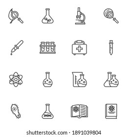 Scientific research line icons set, science outline vector symbol collection, linear style pictogram pack. Signs logo illustration. Set includes icons - laboratory equipment, test tube, bacteria virus