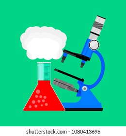 Scientific research microscope and bulb. Laboratory science, chemistry and red substance. Vector illustration
