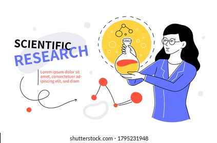 Investigación científica - Banner de diseño moderno y colorido estilo plano con elementos de línea, espacio de copia para texto. Educación e idea de laboratorio. Una ilustración con una científica sosteniendo un frasco