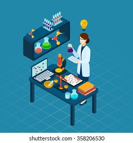 Scientific Research In Molecular Biology Or Chemistry With Professional Woman In Laboratory At Work Abstract Isometric Vector Illustration 