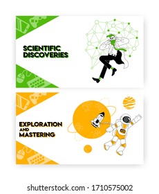 Scientific research and outer space exploration concept illustration. Crazy scientist, astronaut in open space, science discovery. Vector web site design template. Landing page website illustration.