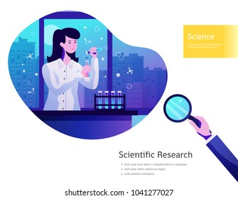 Scientific research poster with young lady with test tubes and dusky city skyline in background vector illustration 