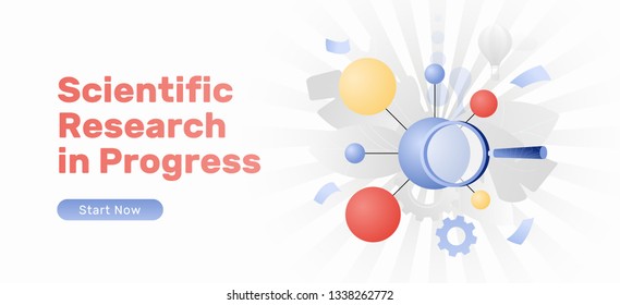 Scientific research in progress web banner with a big molecule and magnifying glass. Modern flat design concept with gradients.