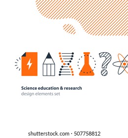Scientific research, science education icons set. Flat design vector illustration. Scientific study, education concept