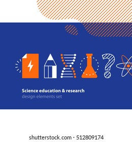 Scientific research, science education icons set. Flat design vector illustration. Scientific study, education concept