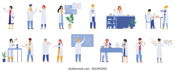 Scientific research. Science lab male and female workers, biologists, chemists and scientist laboratory researchers vector illustration set. Medical workers research in laboratory, science concept