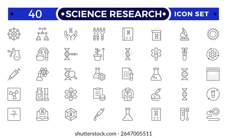 Pesquisa científica e coleção de ícones de esboço científico. Laboratório. Experiência química e experimentação. Molécula e átomo. 
