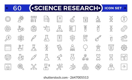 Pesquisa científica e coleção de ícones de esboço científico. Laboratório. Experiência química e experimentação. Molécula e átomo. 
