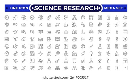 Pesquisa científica e coleção de ícones de esboço científico. Laboratório. Experiência química e experimentação. Molécula e átomo. 
