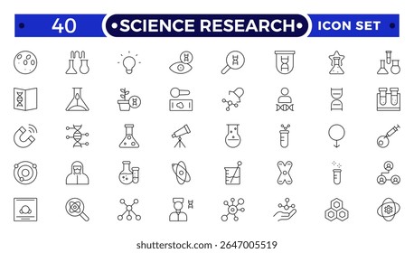 Pesquisa científica e coleção de ícones de esboço científico. Laboratório. Experiência química e experimentação. Molécula e átomo. 

