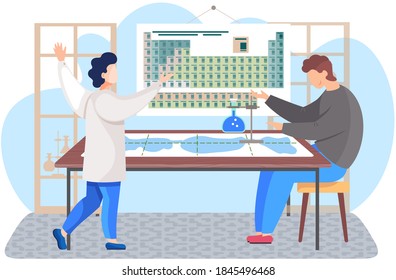 Scientific research. Scientist in lab coat. Man conducting an experiments. Periodic table. Guy working with a flask with liquid. Chemist is monitoring research progress and explaining the details
