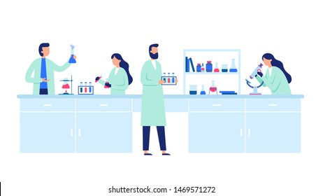 Scientific research. Scientist people wearing lab coats, science researches and chemical laboratory experiments. Chemistry clinic laboratories, microbiology pharmaceutical research vector illustration - Shutterstock ID 1469571272