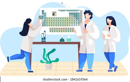 Scientific research. Scientists in lab coats. Chemical laboratory experiments. Periodic table. Girl holding a flask with liquid. Chemists are monitoring research progress and recording data