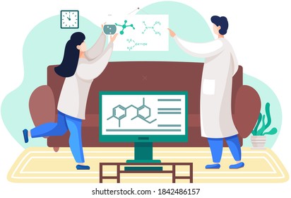 Scientific research. Scientists in lab coats. Chemical experiment at home. Girl holding a flask with liquid. Chemist monitoring research progress and recording data. Man points to formulas on the wall