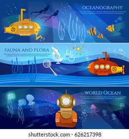 Scientific Research Of Sea And Ocean Yellow Submarine Underwater With Periscope Divers. Oceanography. Sea Exploration Banner 