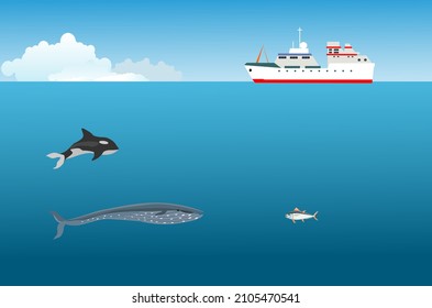 Scientific Research Ship On The Ocean Surface, Marine Habitants Like Wales Fishes In The Ocean Depth, Blue Sky With Clouds In Background Vector