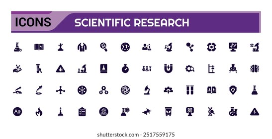 Conjunto de ícones sólidos de pesquisa científica, conjunto de ícones preenchidos, conjunto de ícones sólidos. Conjunto de glifos para Web e interface do usuário. Traçado editável. Ilustração vetorial.