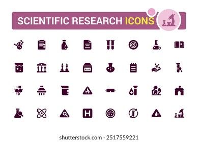 Conjunto de iconos sólidos de investigación científica, conjunto de iconos lleno, conjunto de iconos sólidos. Conjunto de glifos para Web y ui. Trazo editable. Ilustración vectorial.