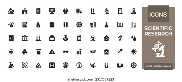 Scientific research solid icons set, filled icon set, solid icon set. Glyph set for web and ui. Editable stroke. Vector illustration.