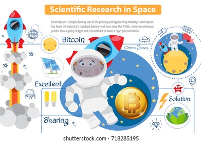 Scientific Research in Space. Bitcoin, cryptocurrency concept. Vector infographics for business, presentations, advertising posters, flyers, banners and more.