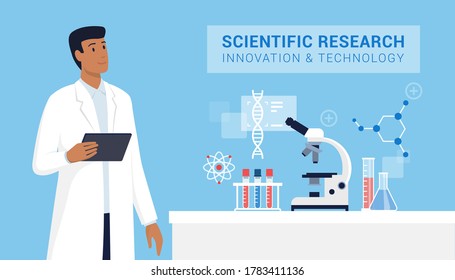 Scientific research and technology: scientist working in the lab and holding a digital tablet, scientific equipment in the foreground svg