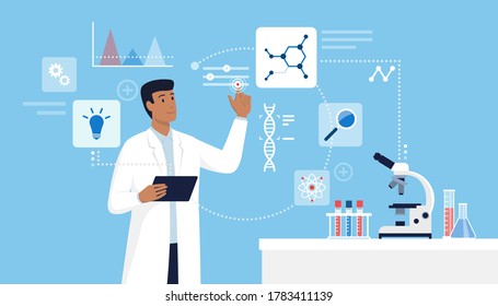 Scientific research and technology: scientist working in the lab and interacting with a virtual user interface, scientific equipment in the foregound - Shutterstock ID 1783411139