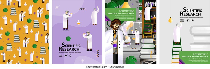 Scientific research and technology. Set of posters with scientists pattern; science experiment in laboratory; men in white coat with equipment. Vector illustration for poster, cover and background 