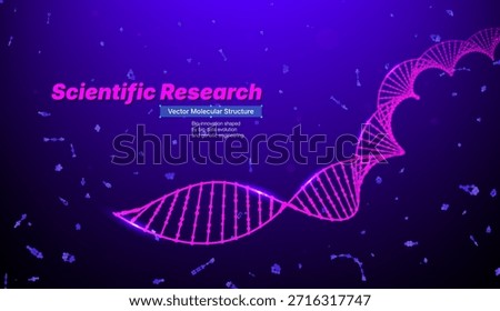 Scientific research vector banner with pink DNA helix on blue background. Concept of genetic engineering, biotech and medtech innovation for molecular biology, genome evolution and medicine.