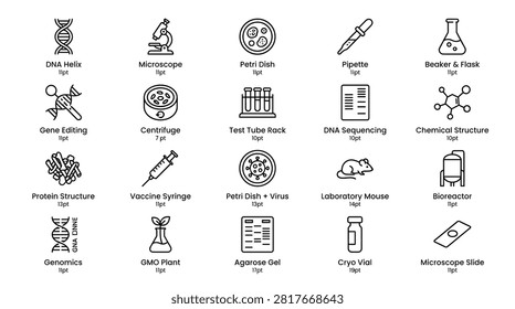Scientific research vector collection featuring dna helix structures laboratory microscopes and petri dishes for biology studies. Professional biochemistry icons include test tubes centrifuge machines and genomic sequencing tools for medical analysis and laboratory experiments.