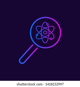 Scientific research vector icon, magnifier and atom on dark background