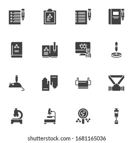 Conjunto de iconos vectoriales de investigación científica, colección moderna de símbolos sólidos, Paquete de pictogramas de estilo lleno de química. Señales, ilustración del logotipo. Set incluye iconos como edición de fórmulas, ratón de laboratorio, microscopio