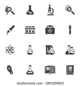 Scientific research vector icons set, science modern solid symbol collection, filled style pictogram pack. Signs logo illustration. Set includes icons - laboratory equipment, test tube, bacteria virus