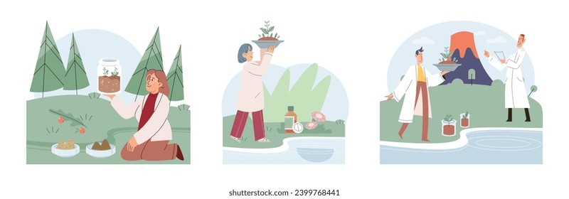 Scientific research. Vector illustration. Genetic research focuses on studying role genes in various biological processes Clinical research aims to evaluate effectiveness and safety medical treatments