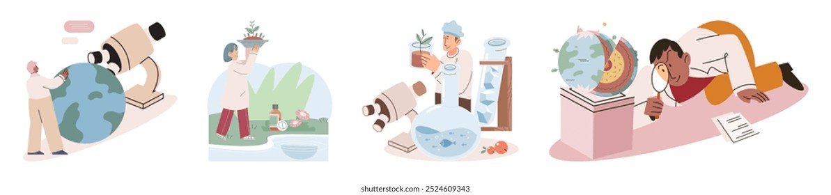 Scientific research. Vector illustration. Scientific research plays vital role in advancing our understanding world Researchers devote their time and effort to researching various topics interest