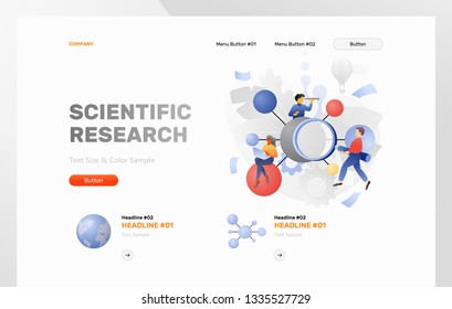 Scientific research web header template with a big molecule surrounded by tiny explorers. Modern flat design concept with gradients.