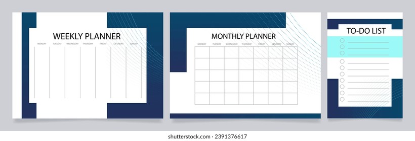 Scientific research worksheet design templates set. Printable goal setting sheet. Editable time management sample. Scheduling page for organizing personal tasks