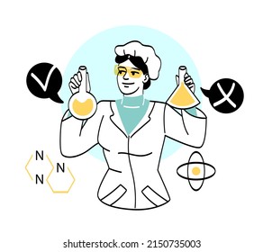 Scientific researches concept. Girl in medical gown and goggles holds two stakes with reagents. Substance evaluation and chemical research, drug development. Cartoon flat vector illustration