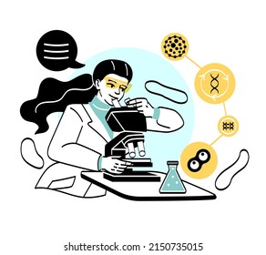 Scientific researches concept. Girl in medical gown and goggles examines cells and substances through microscope. Development of medical drugs, chemistry or biology. Cartoon flat vector illustration