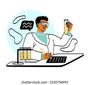 Scientific researches concept. Guy in goggles and medical gown looks at tube with liquid, chemical reactions and development of new drugs for treatment of diseases. Cartoon flat vector illustration