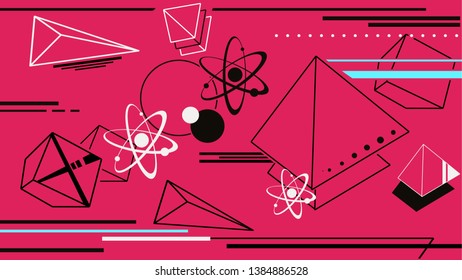 Scientific retro wave background with geometric shapes and atoms. Pink background in sythwave 80s style.