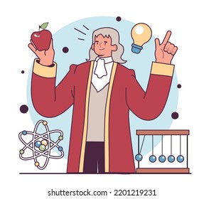 Scientific Revolution, origin of modern science during the early modern era. Isaac Newton, scientist, developer of main physics principles. Flat vector illustration