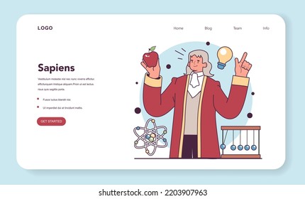 Scientific Revolution web banner or landing page, origin of modern science during the early modern era. Isaac Newton, scientist, developer of main physics principles. Flat vector illustration