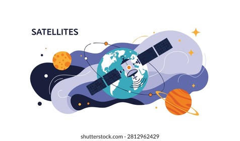 Scientific satellite banner featuring communication spacecraft orbiting Earth planet in outer starry cosmic space.