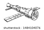 Scientific Satellite Ink Vector. Navigation System And Exploration Of The Cosmos And Planet Earth. Cosmic Station Hand Drawn In Vintage Style Black And White Illustration